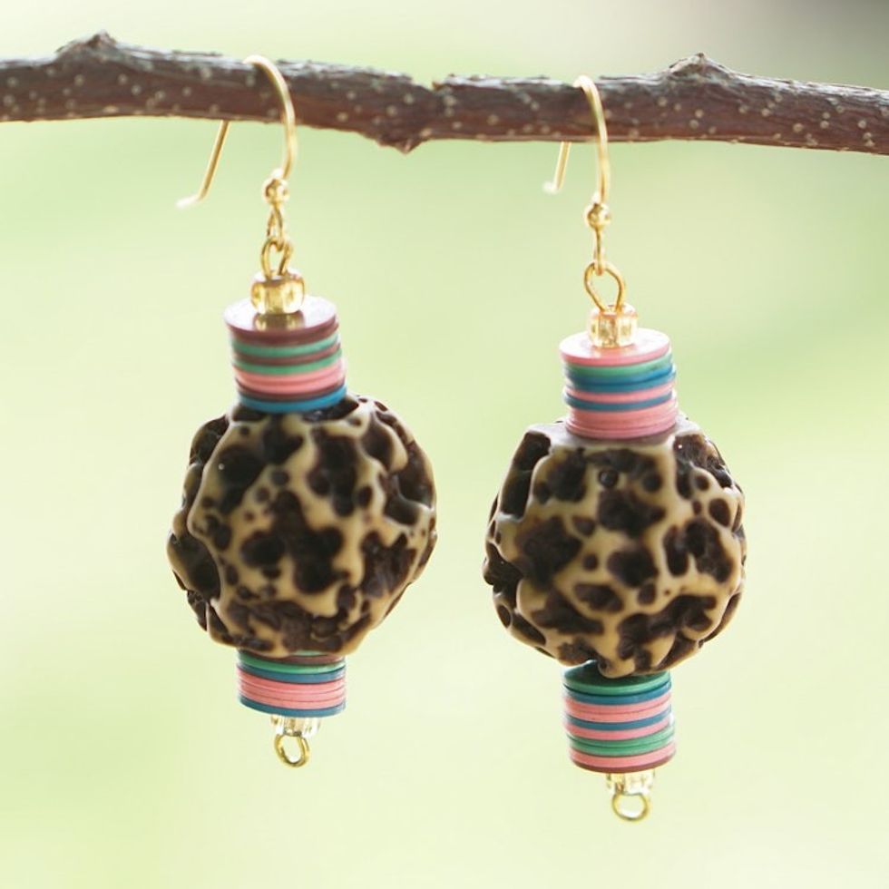 Recycled Plastic Beaded Dangle Earrings with Pastel Hues 'Pastel Contrast'