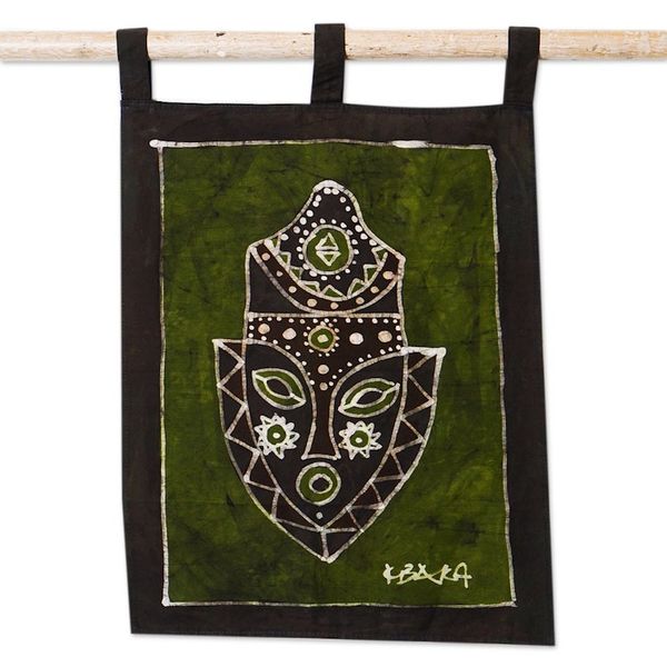 Alternate image for Green African Mask Cotton Wall Hanging from Ghana Human Gaze