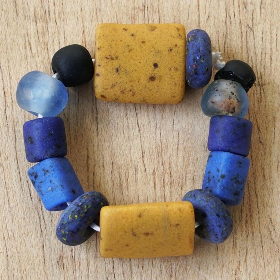 Artisan Crafted Recycled Glass Beaded Bracelet 'Electric Spark'