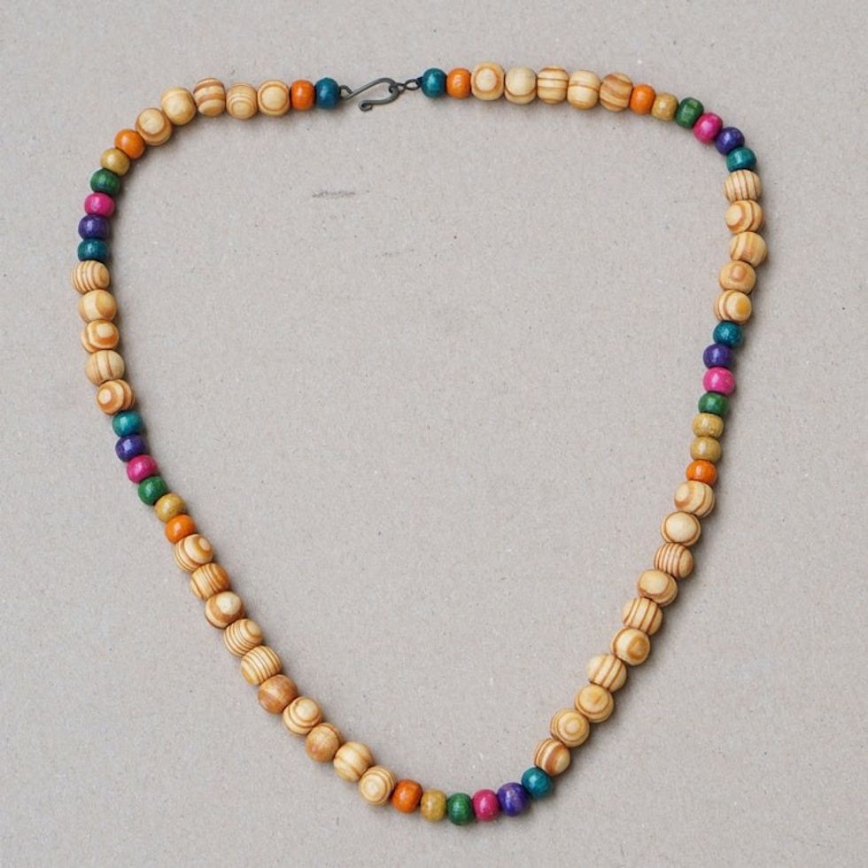 Colorful Sese Wood Beaded Necklace with Brass Hook Clasp 'Wooden Colors'