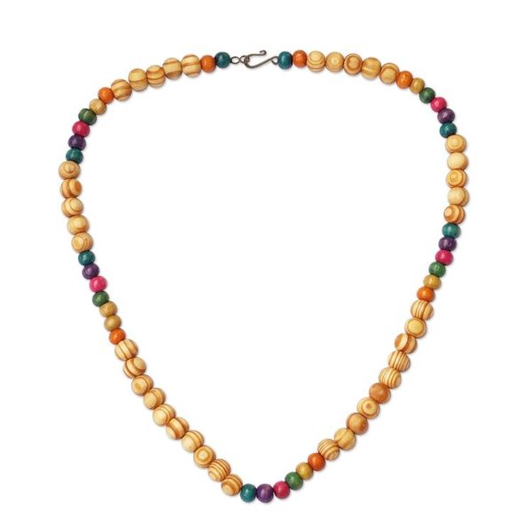 Alternate image for Colorful Sese Wood Beaded Necklace with Brass Hook Clasp Wooden Colors