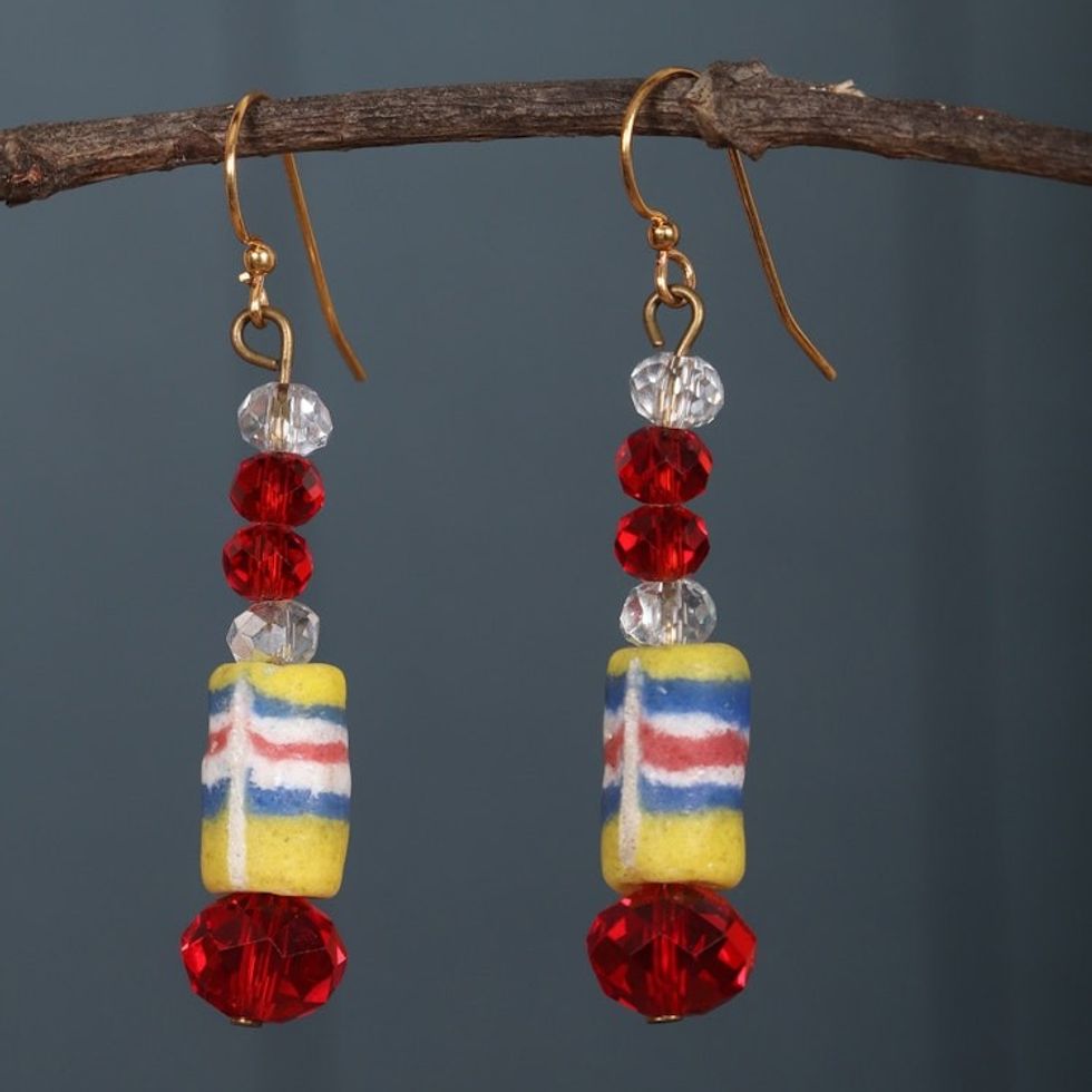 Yellow and Red Recycled Glass Beaded Dangle Earrings 'Gyidi Red'