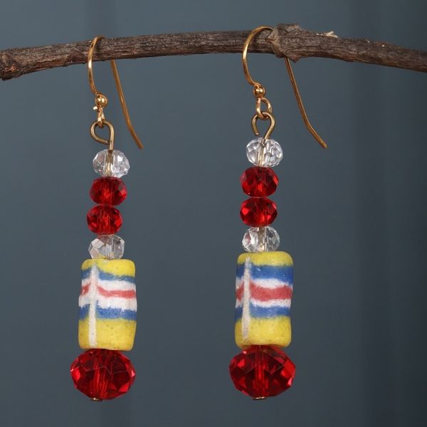 Alternate image for Yellow and Red Recycled Glass Beaded Dangle Earrings Gyidi Red