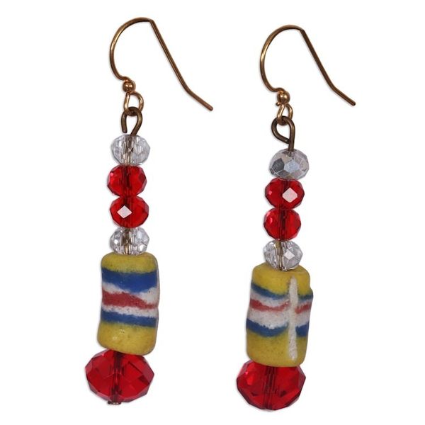 Alternate image for Yellow and Red Recycled Glass Beaded Dangle Earrings Gyidi Red