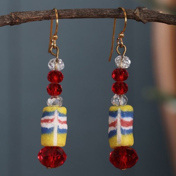 Alternate image for Yellow and Red Recycled Glass Beaded Dangle Earrings Gyidi Red