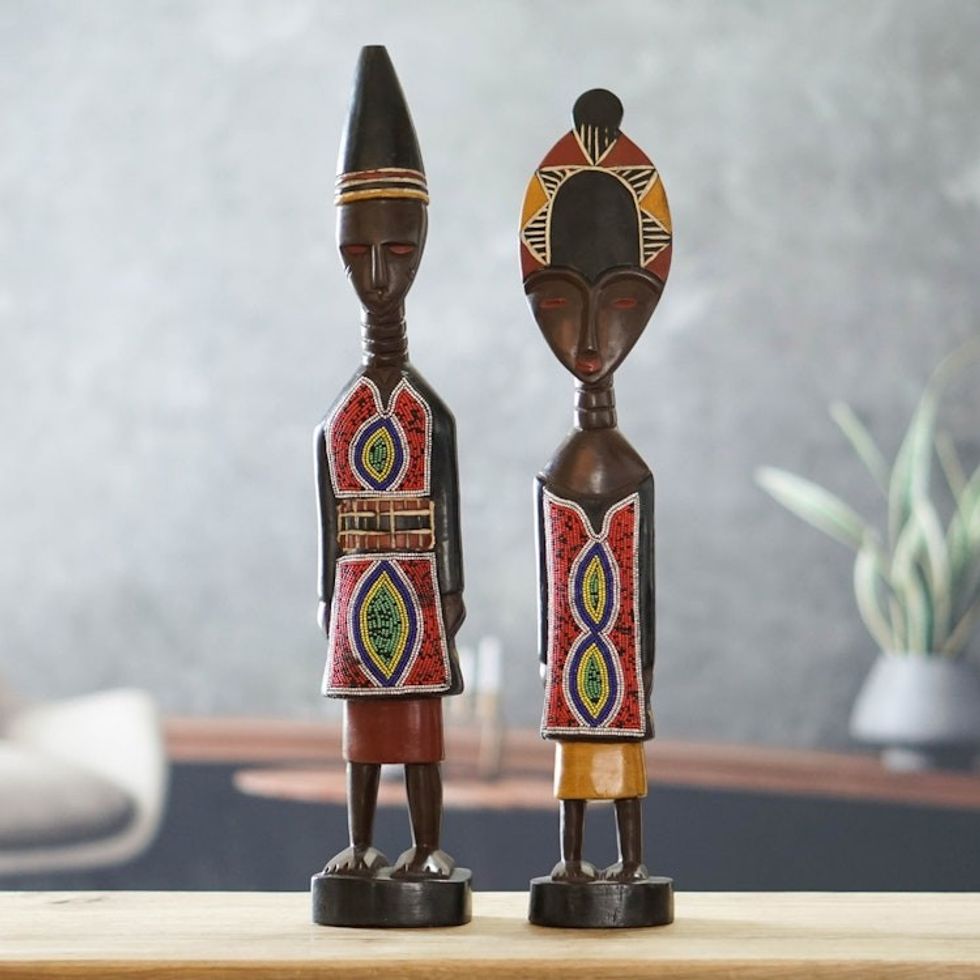 Set of 2 Handcrafted Sese Wood Beaded Sculptures from Ghana 'Twin Spirits'