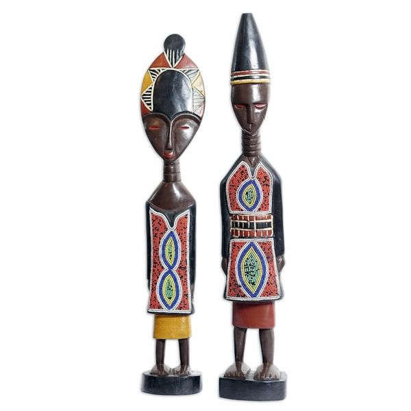 Alternate image for Set of 2 Handcrafted Sese Wood Beaded Sculptures from Ghana Twin Spirits