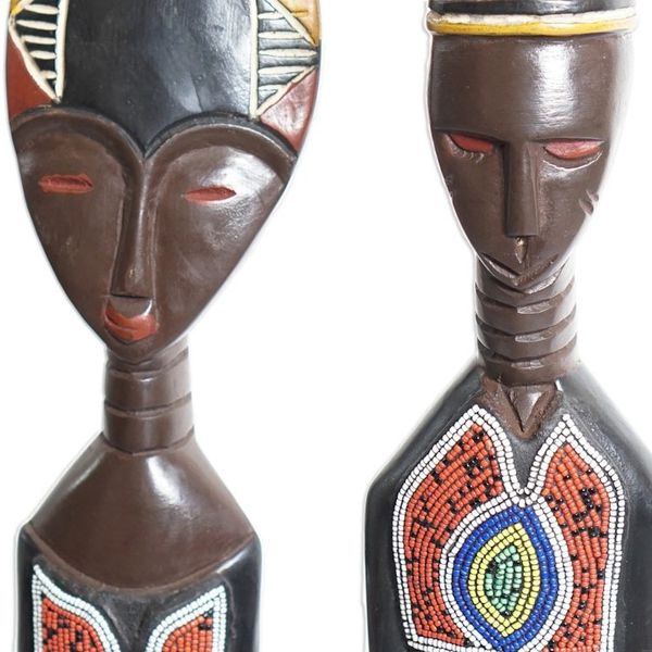 Alternate image for Set of 2 Handcrafted Sese Wood Beaded Sculptures from Ghana Twin Spirits