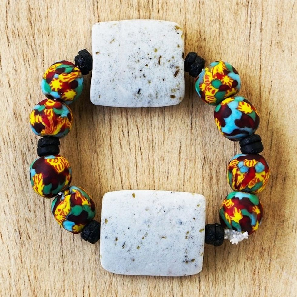Rainbow-Hued Recycled Glass Beaded Bracelet 'Different Strokes'