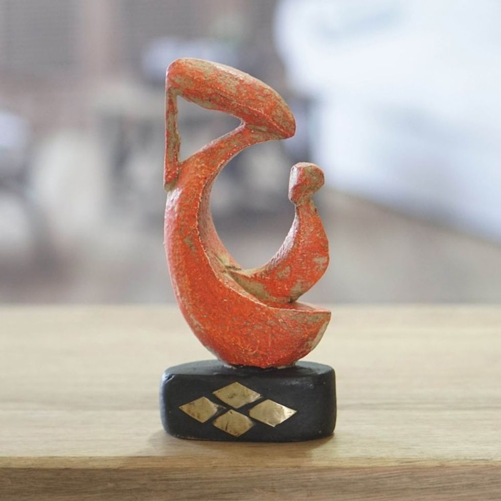 Hand-Painted Mother Child Wood Sculpture with Brass Accents 'Tender Bond'