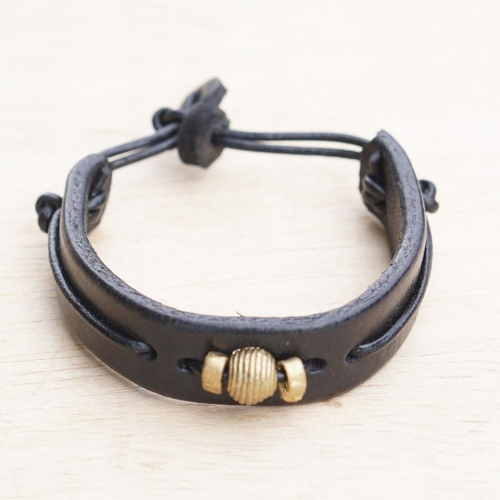 Black Leather Wristband Bracelet with Brass Accents 'Classic Midnight'