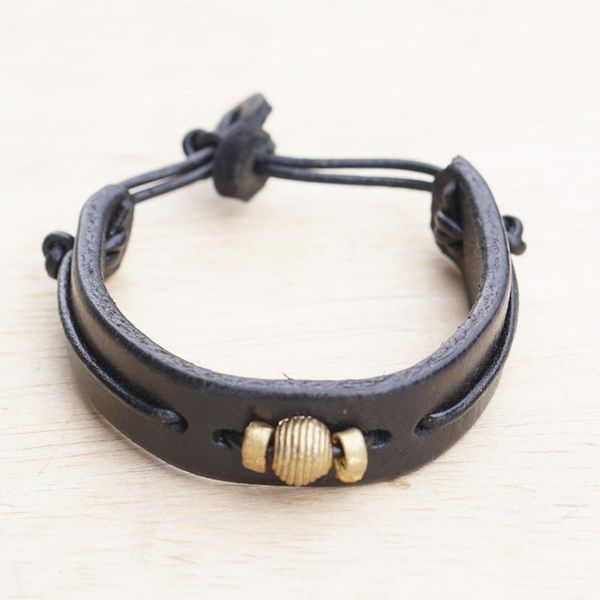 Alternate image for Black Leather Wristband Bracelet with Brass Accents Classic Midnight