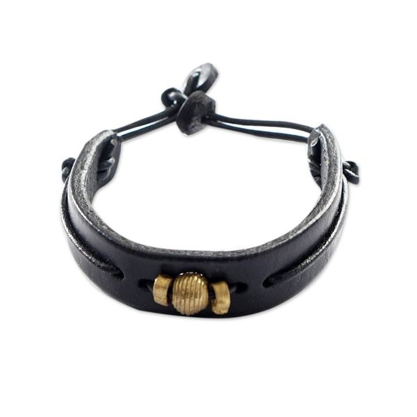 Alternate image for Black Leather Wristband Bracelet with Brass Accents Classic Midnight