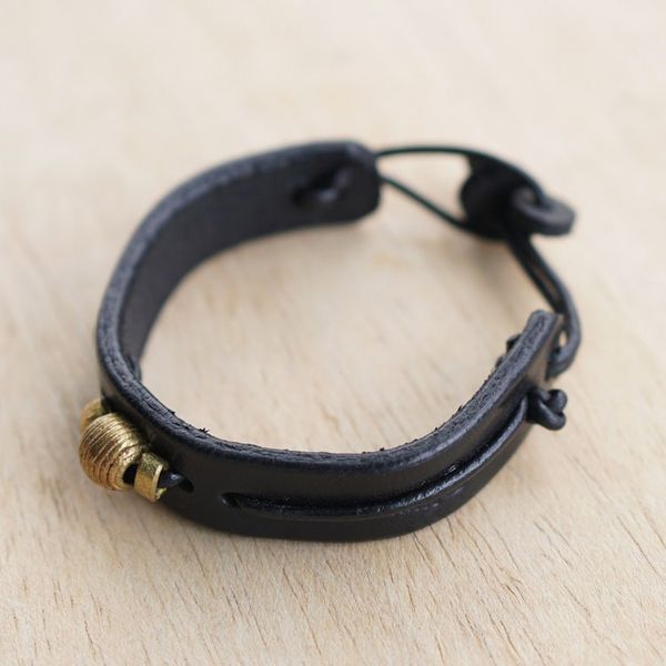 Alternate image for Black Leather Wristband Bracelet with Brass Accents Classic Midnight