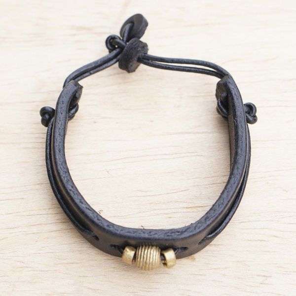 Alternate image for Black Leather Wristband Bracelet with Brass Accents Classic Midnight