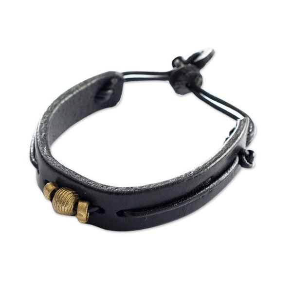 Alternate image for Black Leather Wristband Bracelet with Brass Accents Classic Midnight