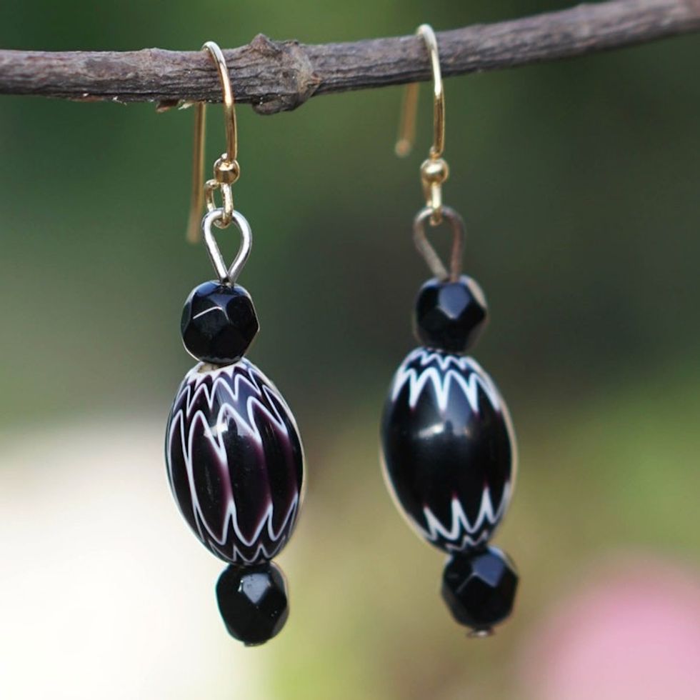Black and White Glass Beaded Dangle Earrings from Ghana 'Night Embrace'