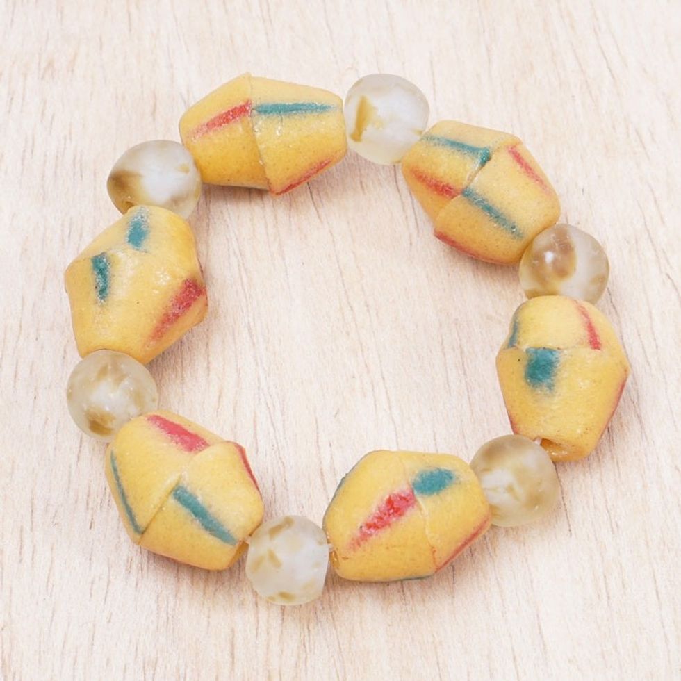 Hand-Painted Yellow Recycled Glass Beaded Stretch Bracelet 'Joyous Friend'