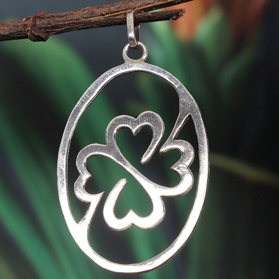 Sterling Silver Oval Pendant with Clover Icon from Ghana 'Unity Icon'