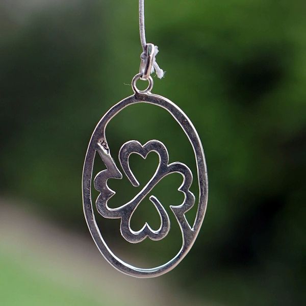 Alternate image for Sterling Silver Oval Pendant with Clover Icon from Ghana Unity Icon