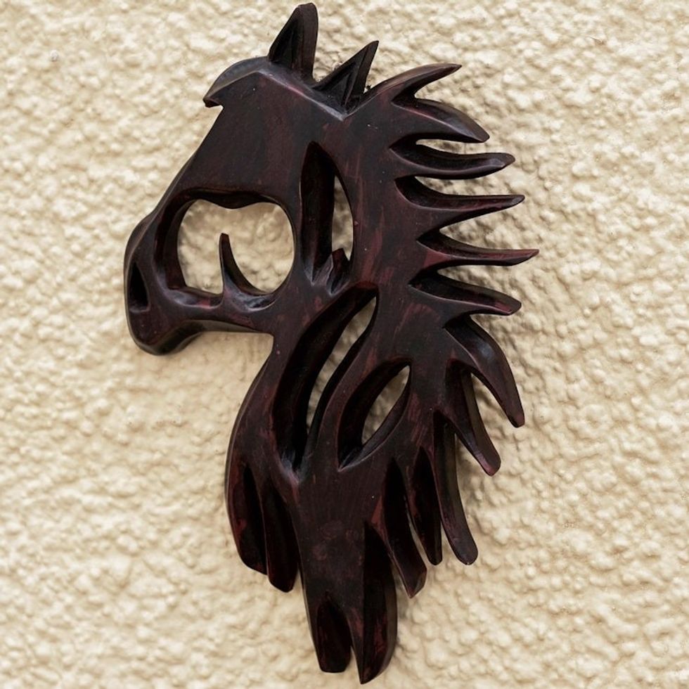 Brown Sese Wood Horse Relief Panel from Ghana 'Horse Master'