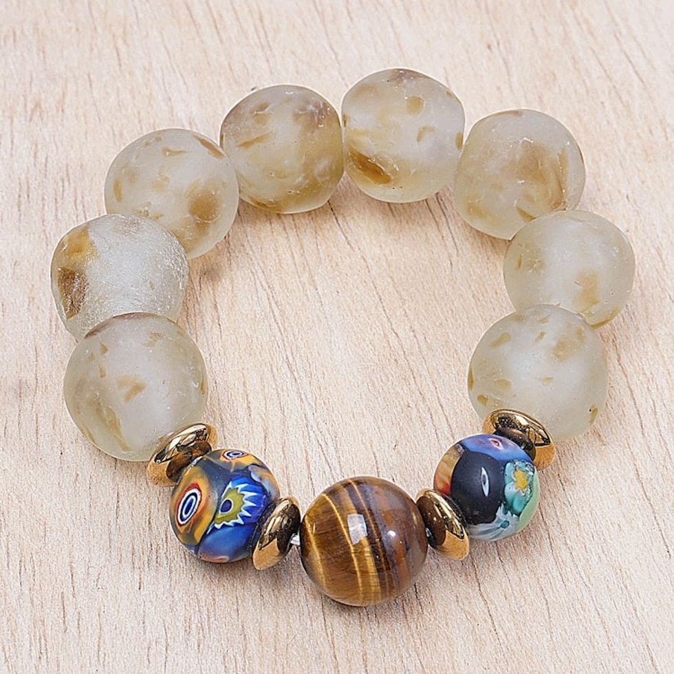Eco-Friendly Recycled Glass Beaded Stretch Bracelet 'Ghana's Grandeur'