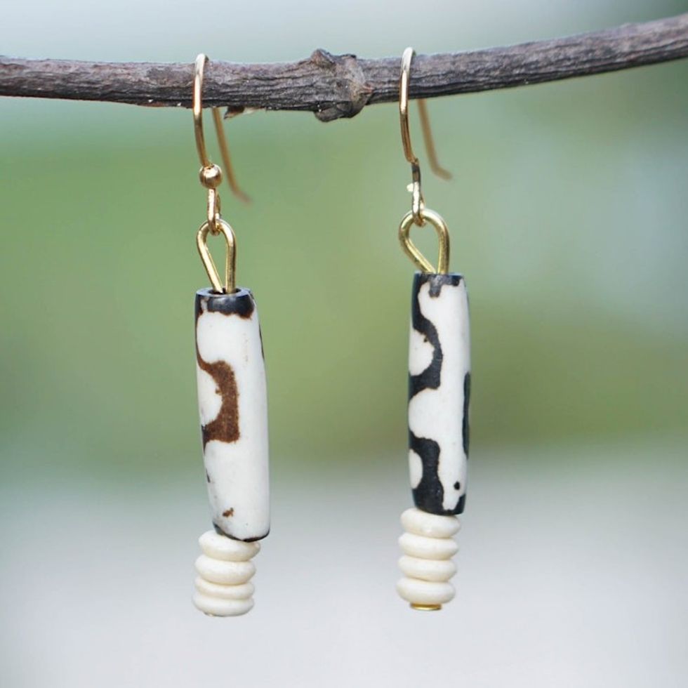 Handcrafted Brown and Ivory Beaded Dangle Earrings 'Yijiemor'