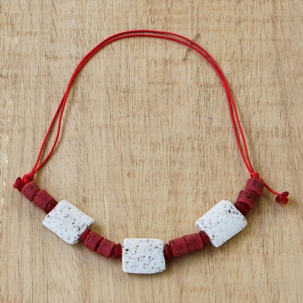 White and Red Recycled Glass Beaded Necklace 'Marvel at Me'