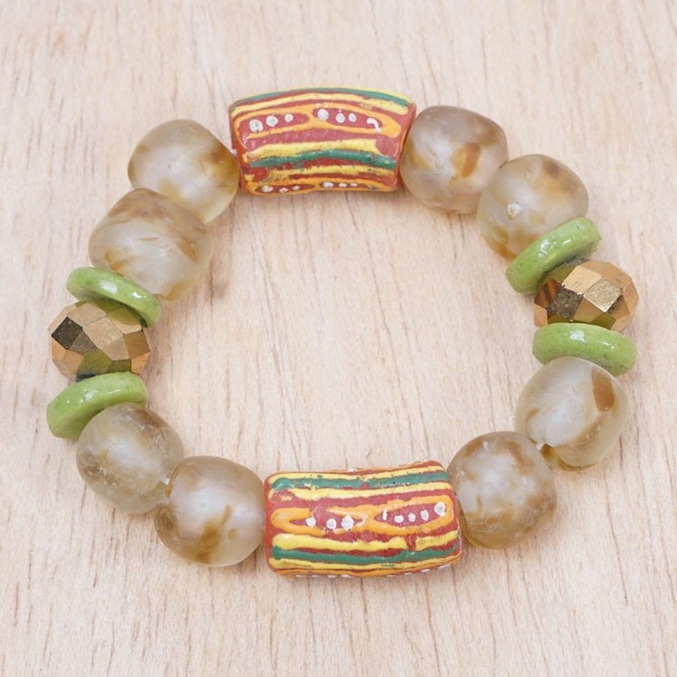 Eco-Friendly Green and Red Recycled Glass Beaded Bracelet 'Aseda in Summer'