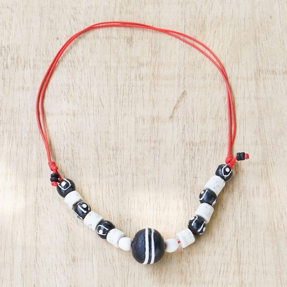 Black and White Recycled Glass Beaded Necklace 'Youth Culture'