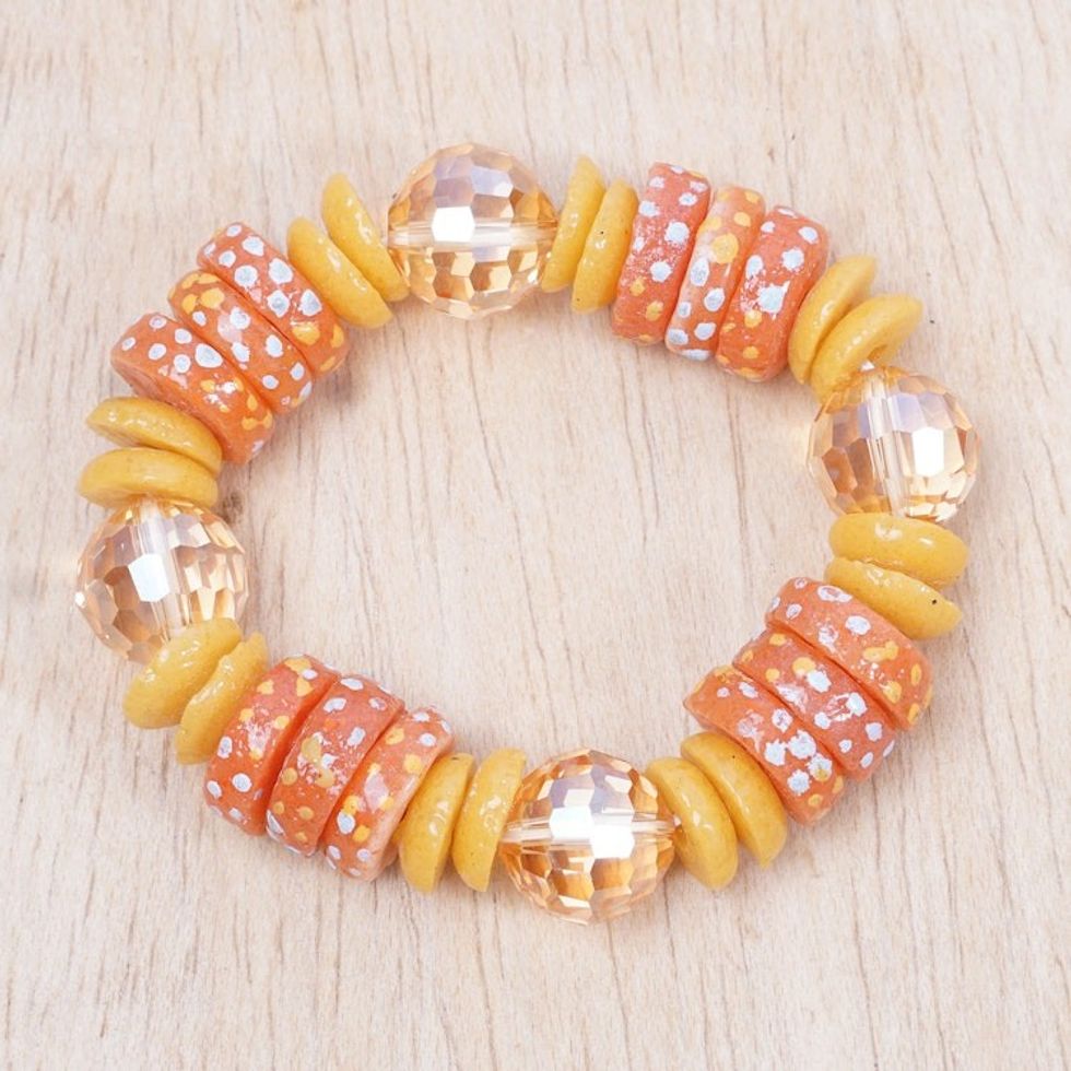 Eco-Friendly Orange and Yellow Glass Beaded Bracelet 'Aseda in Autumn'