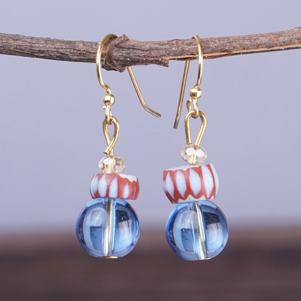 Eco-Friendly Blue and Red Recycled Glass Dangle Earrings 'Adiagba in Red'