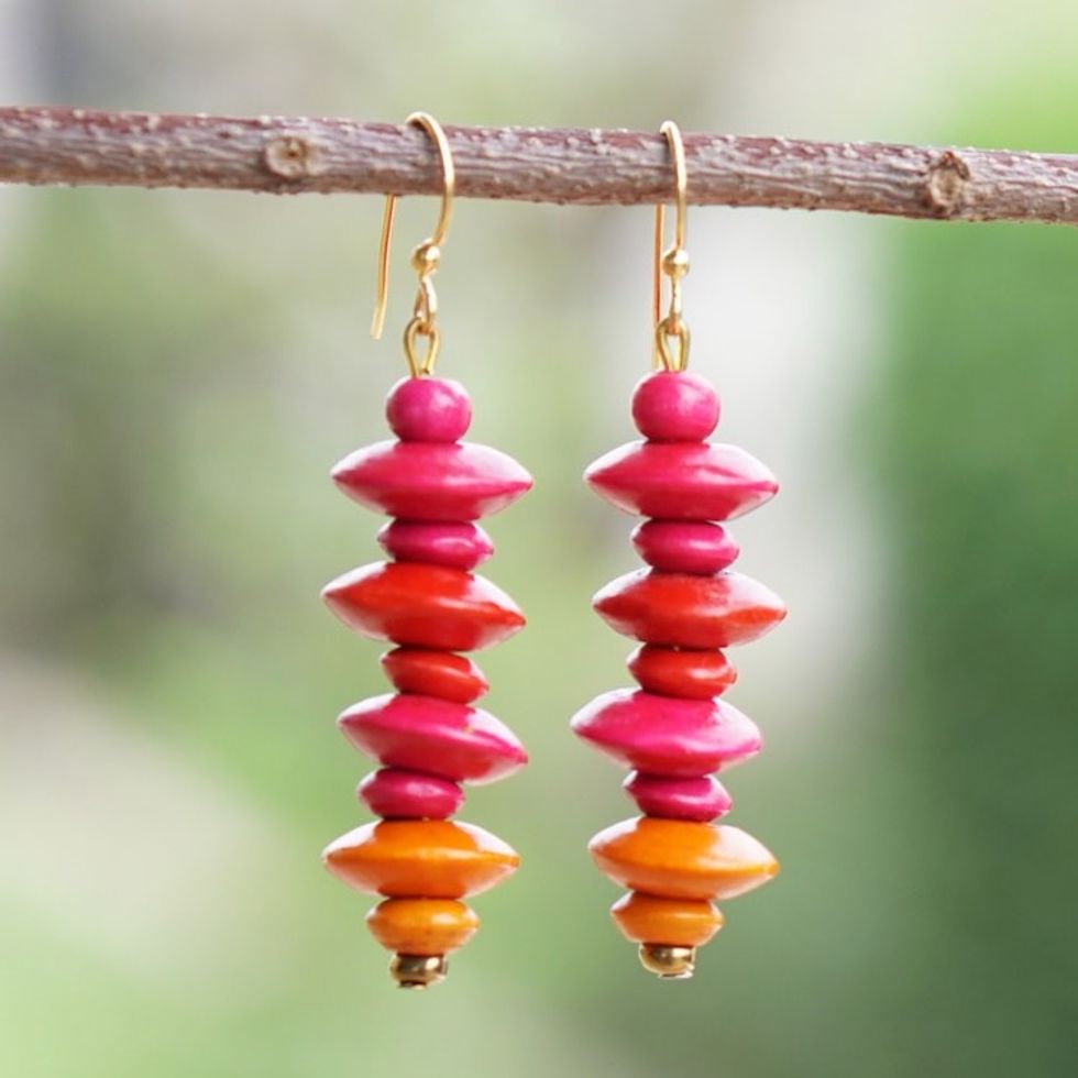 Handcrafted Vibrant Sese Wood Beaded Dangle Earrings 'Sweet Steps'