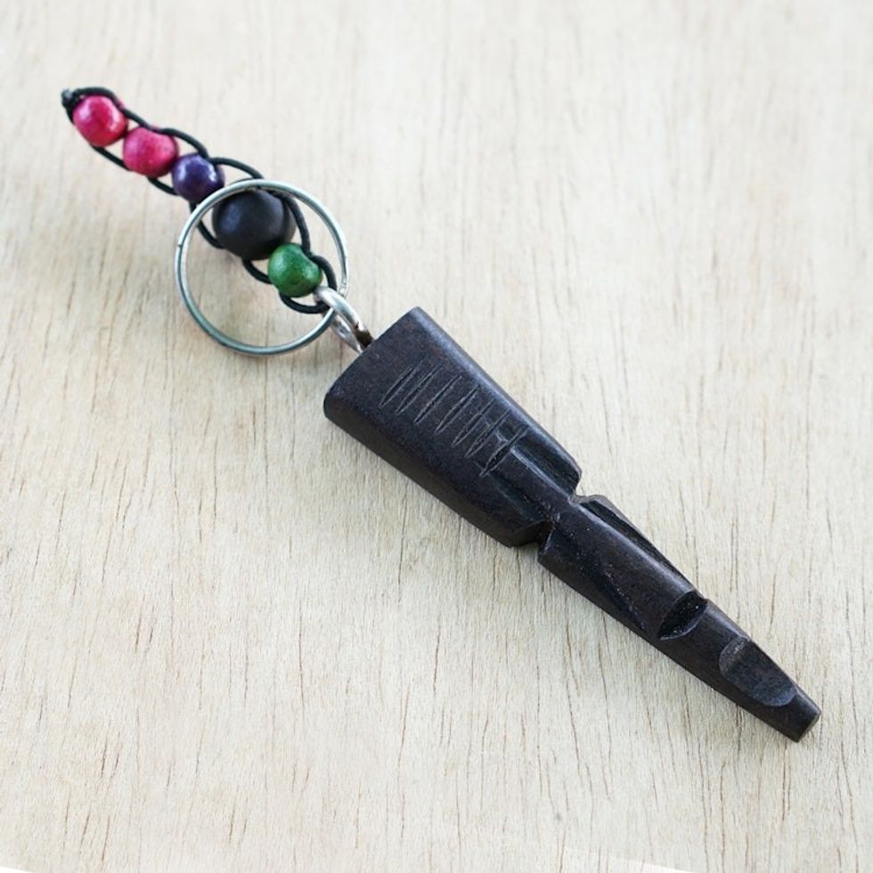 Handmade Ebony Keychain with Wood Beads Stainless Steel Ring 'Mask'