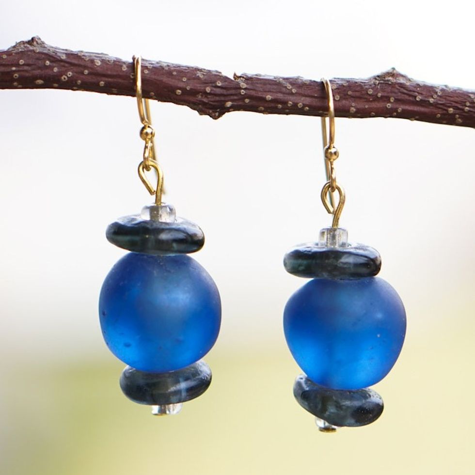 Handcrafted Blue and Black Glass Beaded Dangle Earrings 'Adom Nkoaa'