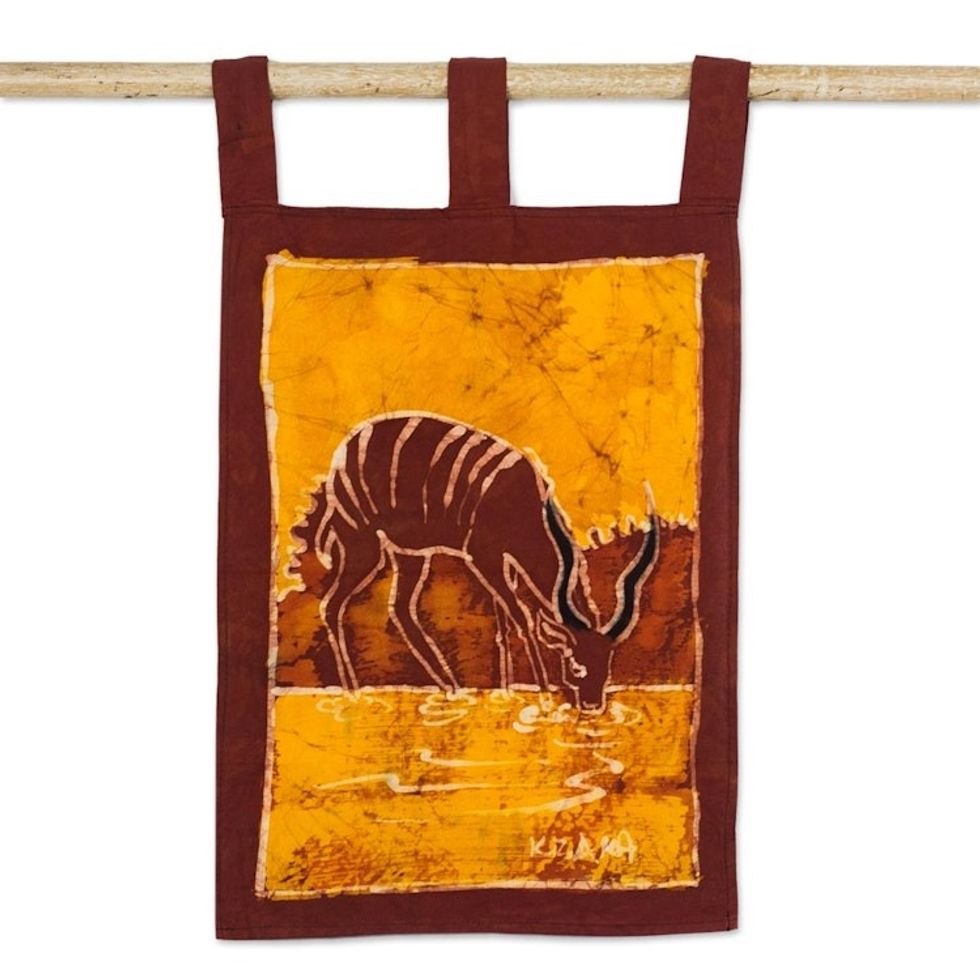 Batik Cotton Antelope-Motif Wall Hanging from Ghana 'Greater Kudu II'