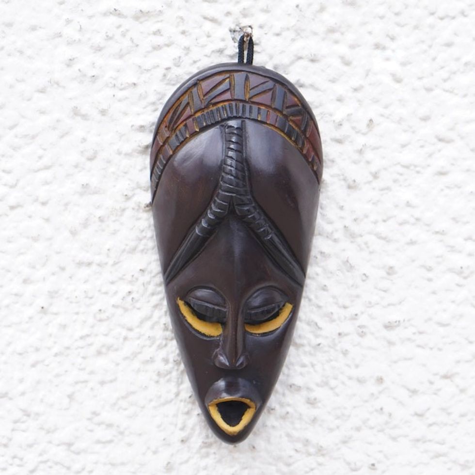 Hand-Painted Dark Brown and Yellow African Sese Wood Mask 'Nyame Nsa'