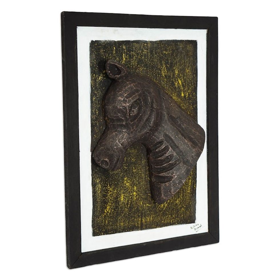 Wood Horse Relief Wall Art Made with Mixed Media in Ghana 'The Winning Horse'