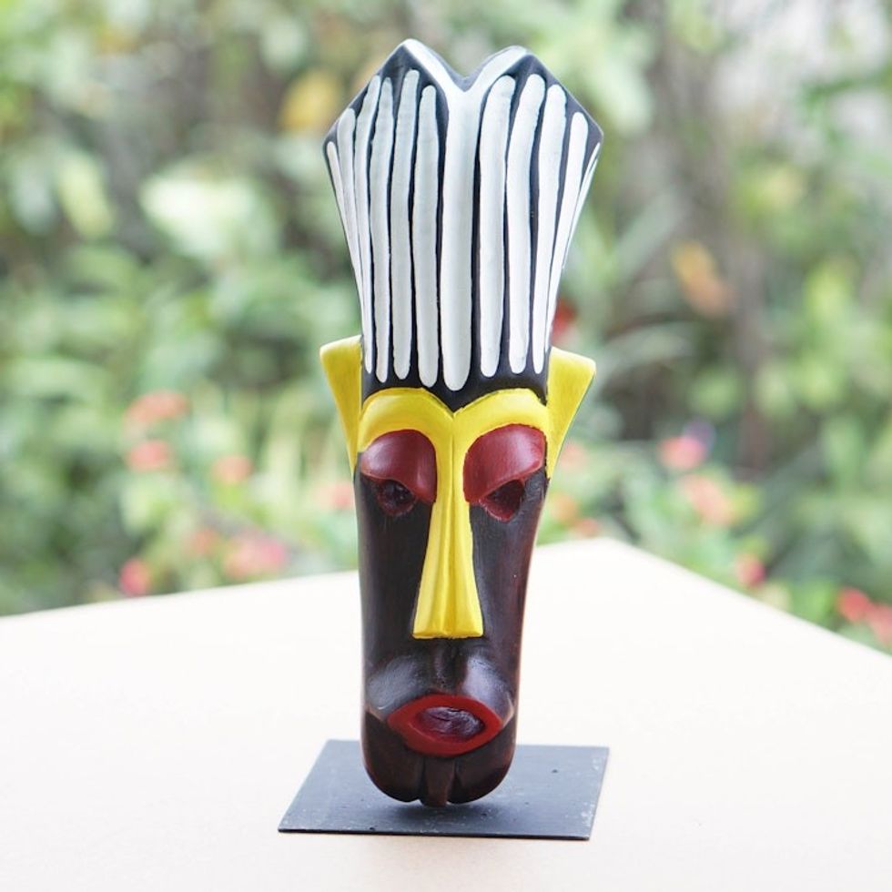Hand-Painted African Wood Mask on Steel Stand from Ghana 'Tribal Heritage'
