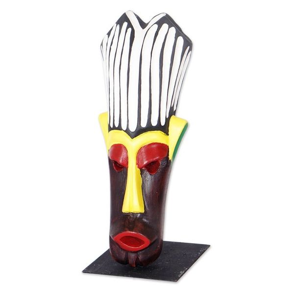Alternate image for Hand-Painted African Wood Mask on Steel Stand from Ghana Tribal Heritage