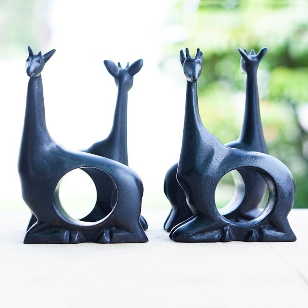 Hand-Carved 4-Piece Black Teak Wood Giraffe Napkin Ring Set 'Giraffe Feast'