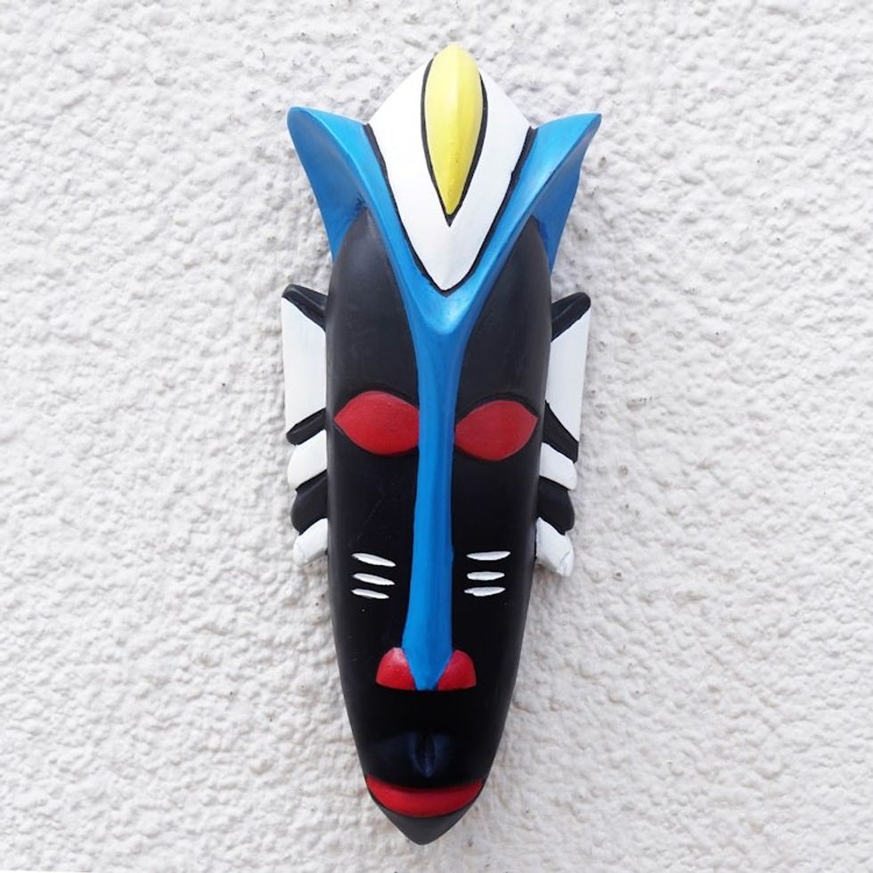 Hand-Painted African Wood Mask in Black White Blue Red 'Okomfo'
