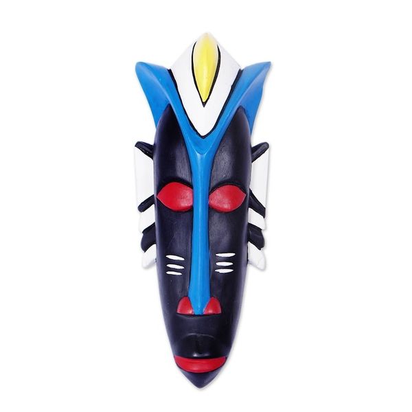 Alternate image for Hand-Painted African Wood Mask in Black White Blue Red Okomfo