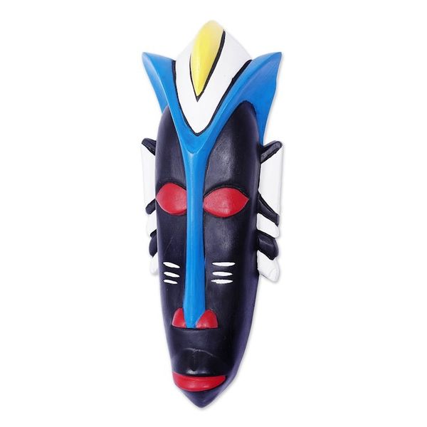 Alternate image for Hand-Painted African Wood Mask in Black White Blue Red Okomfo