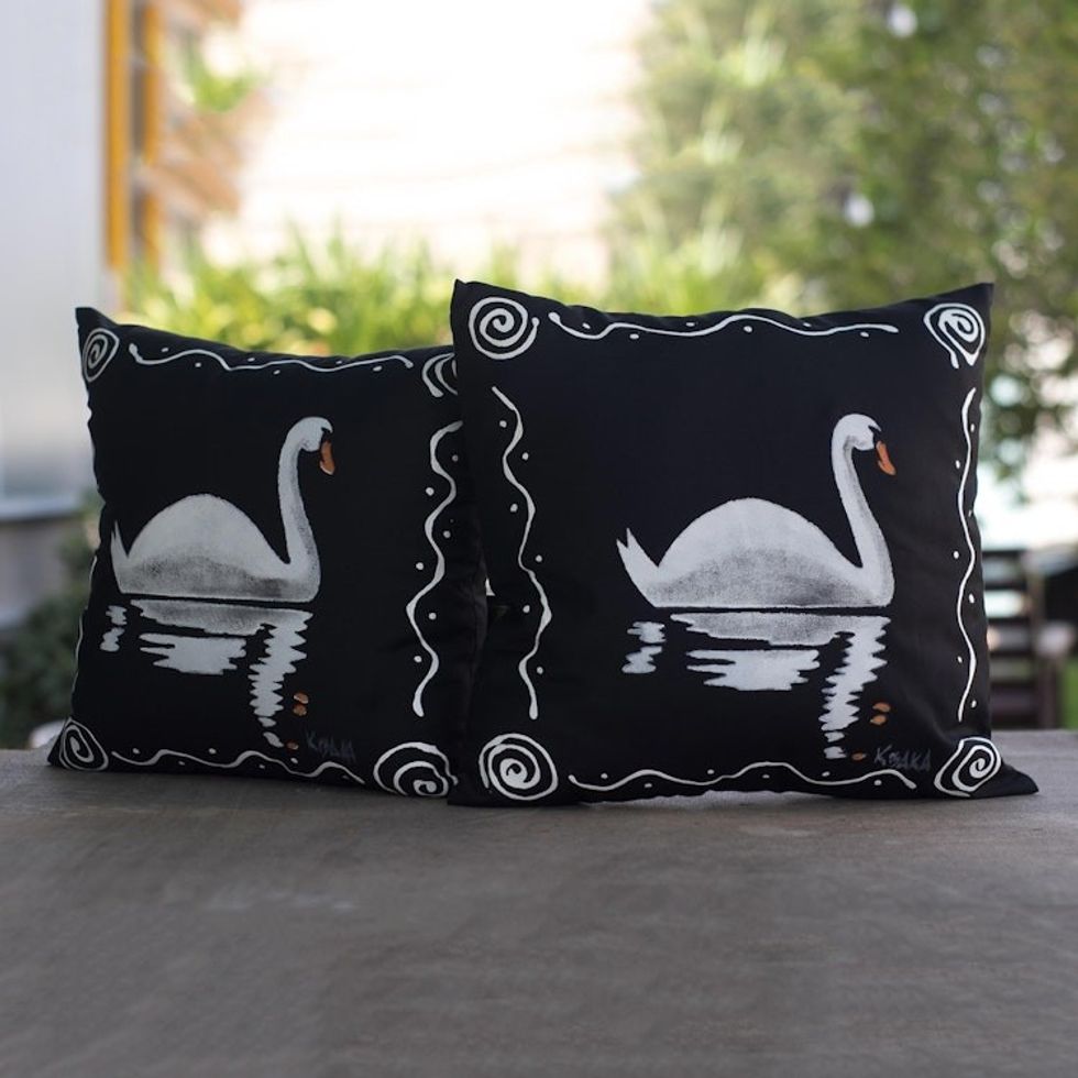 Black Cotton Swan-Motif Cushion Covers Pair 'Swan Song in Black'