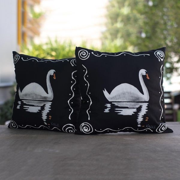 Alternate image for Black Cotton Swan-Motif Cushion Covers Pair Swan Song in Black