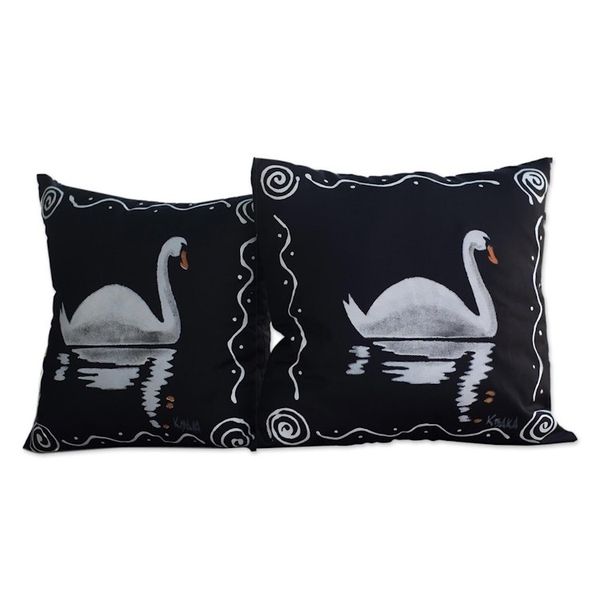 Alternate image for Black Cotton Swan-Motif Cushion Covers Pair Swan Song in Black