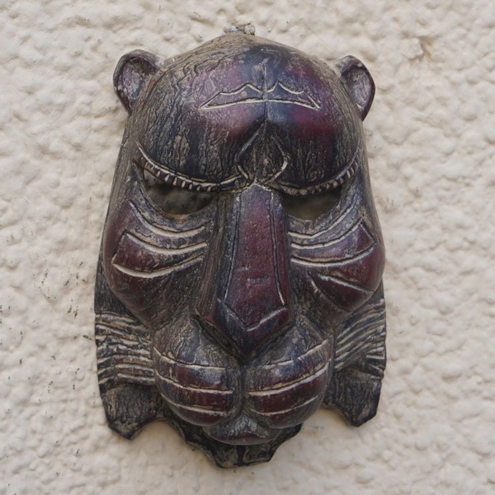 Artisan Carved Sese Wood Wild Cat Mask from Ghana 'Watchful Wild Cat'