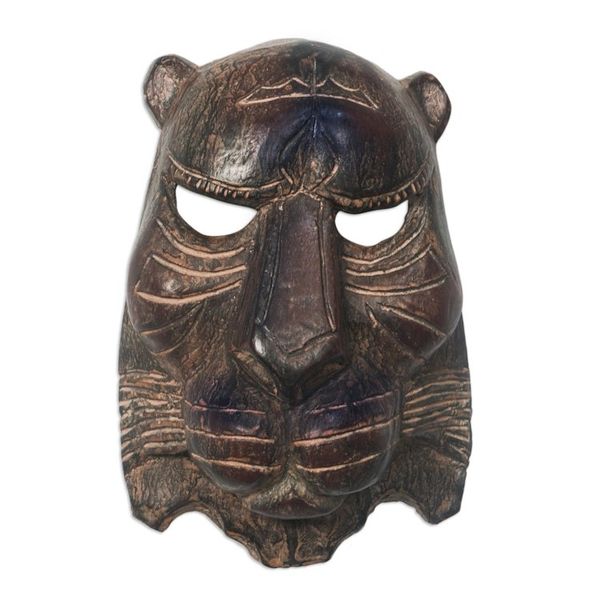 Alternate image for Artisan Carved Sese Wood Wild Cat Mask from Ghana Watchful Wild Cat