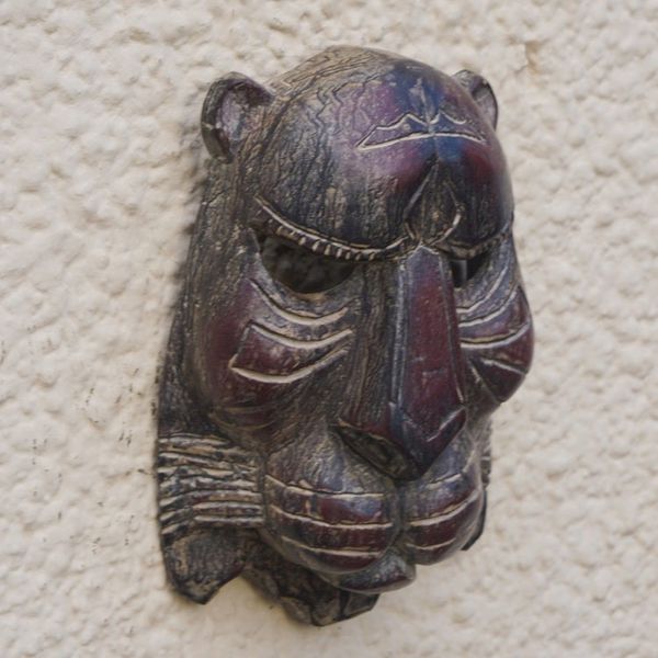 Alternate image for Artisan Carved Sese Wood Wild Cat Mask from Ghana Watchful Wild Cat